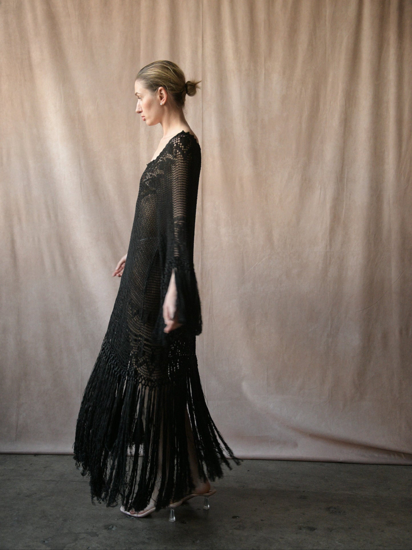 stylist hold - antique 1920s black crochet lace fringe dress