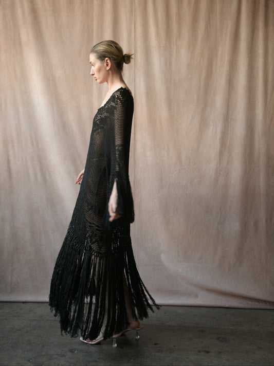 stylist hold - antique 1920s black crochet lace fringe dress
