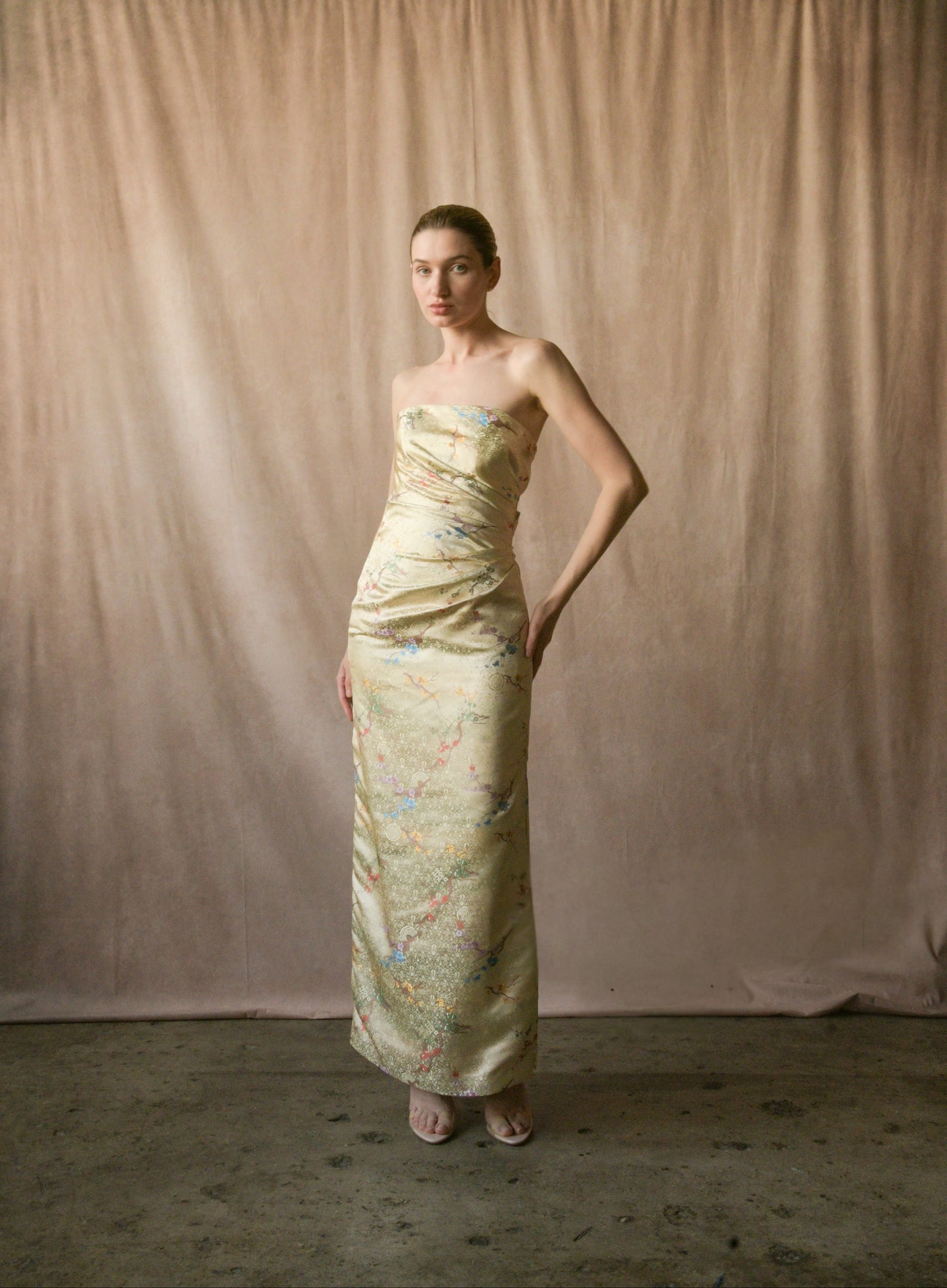 1950s / 60s silk cherry blossom embroidered chinoiserie dress