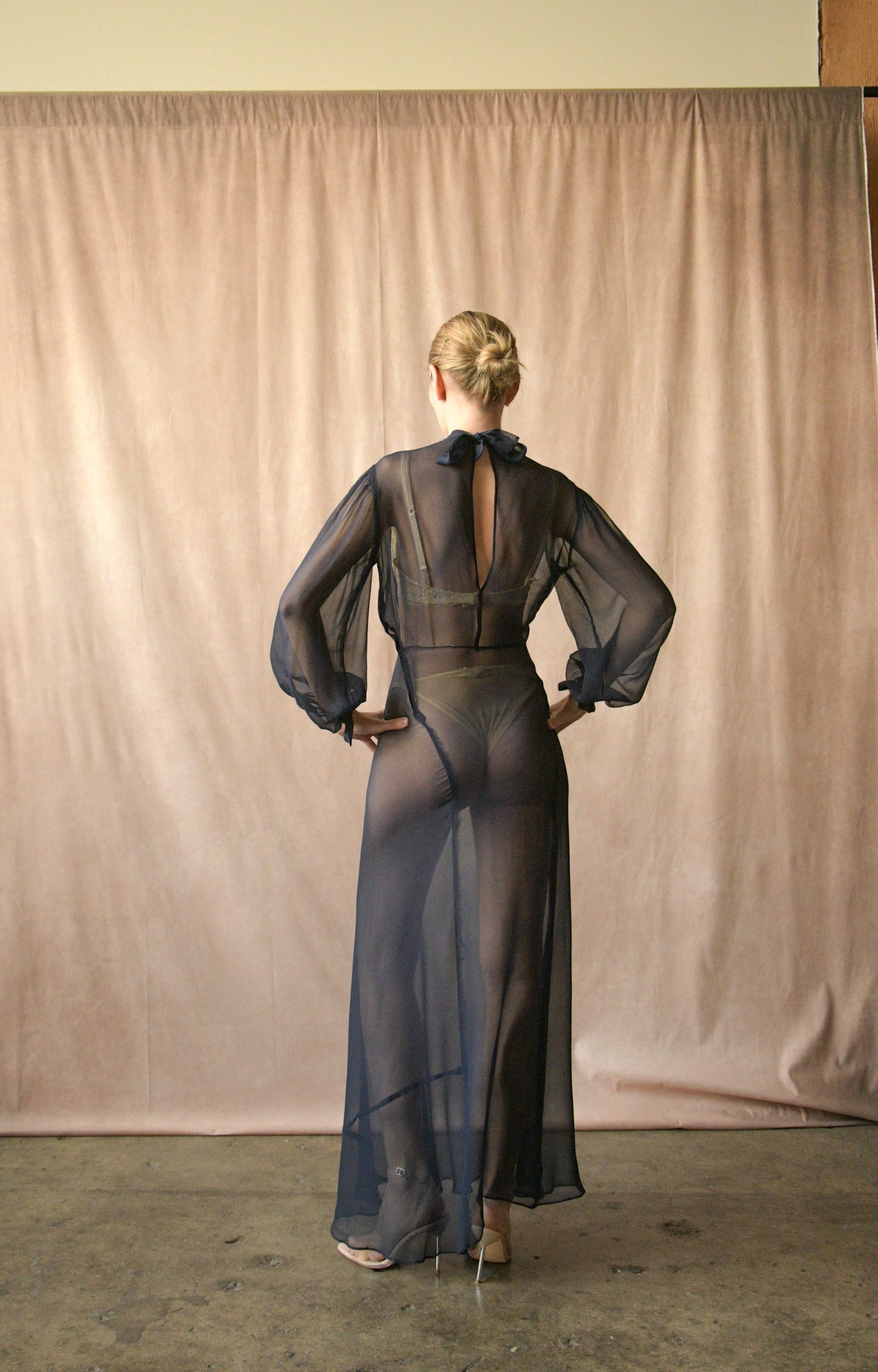 1930s navy blue silk chiffon bias cut balloon sleeve dress