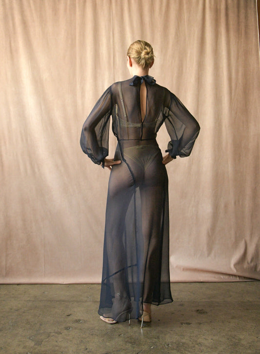 1930s navy blue silk chiffon bias cut balloon sleeve dress