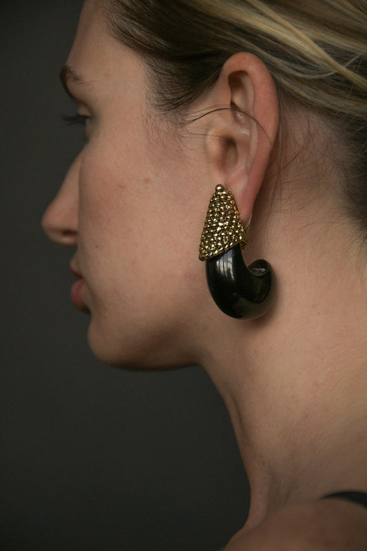 black oversized sculptural horn earrings