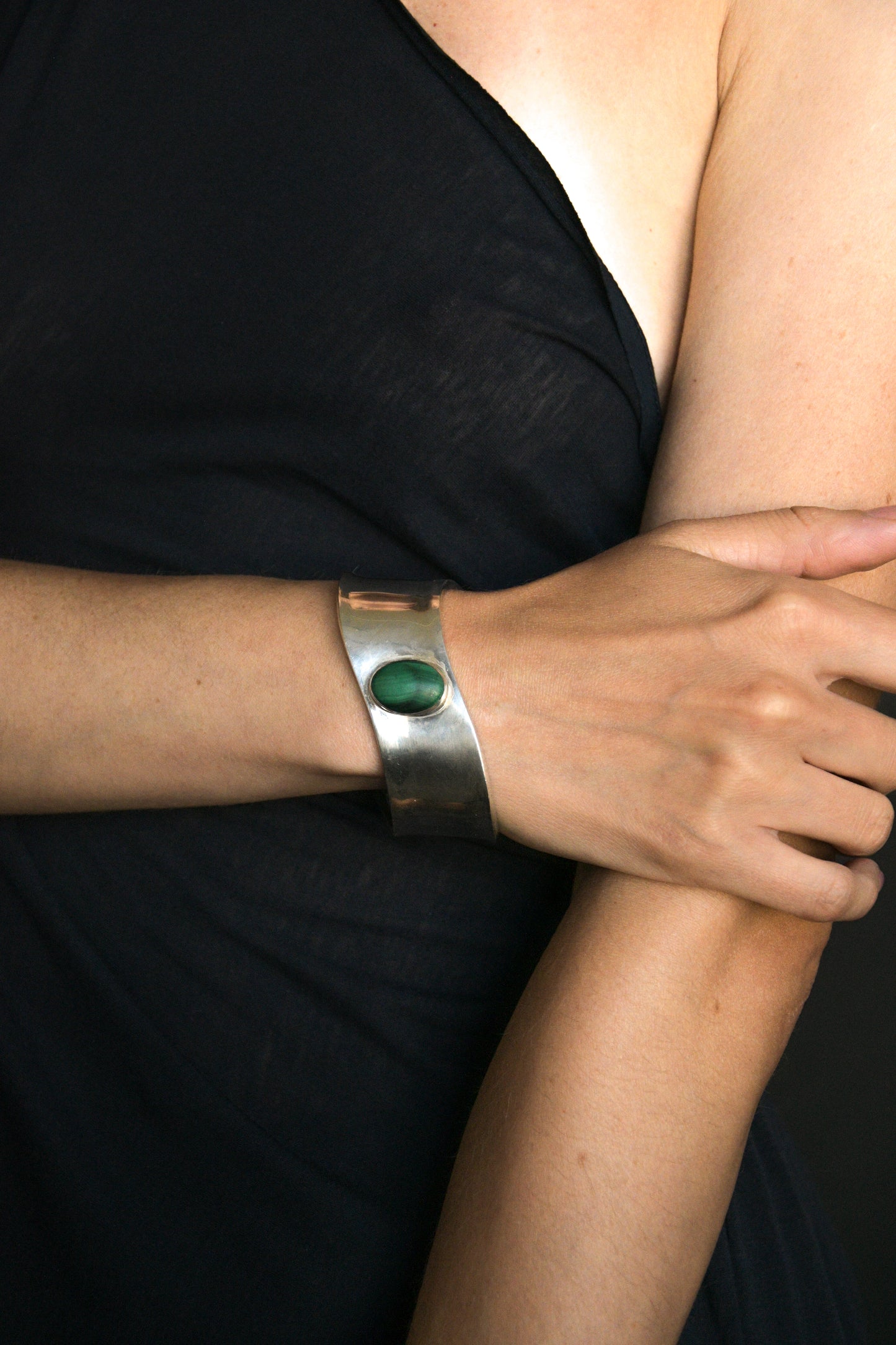 sterling silver malachite modernist cuff