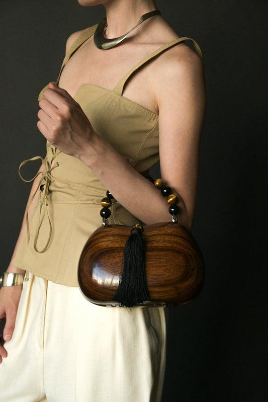wooden beaded top handle tassel purse