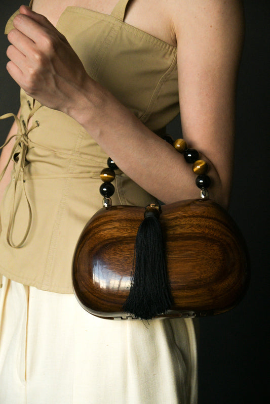 wooden beaded top handle tassel purse