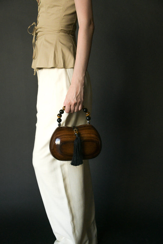 wooden beaded top handle tassel purse