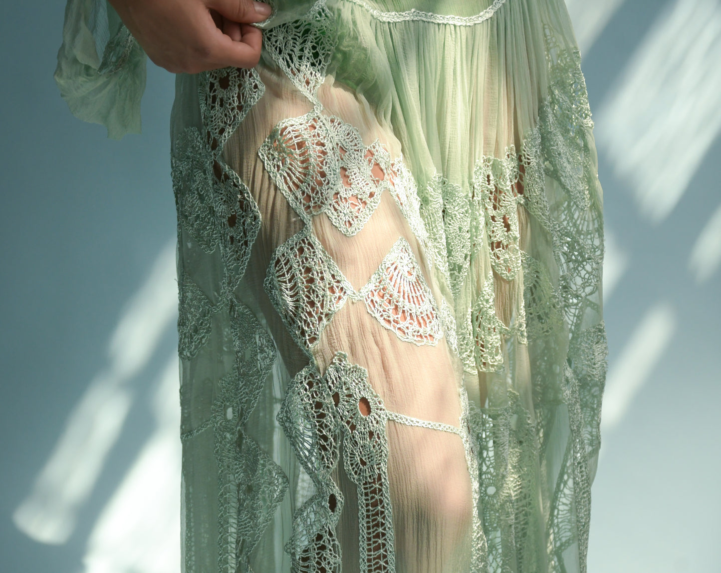 reserved alberta ferretti seafoam silk macrame lace dress