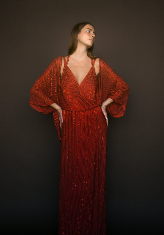 bob mackie red beaded kimono gown set