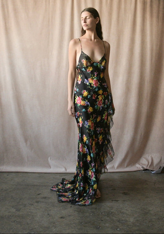 roberto cavalli spring 2000 floral silk bias cut high slit dress