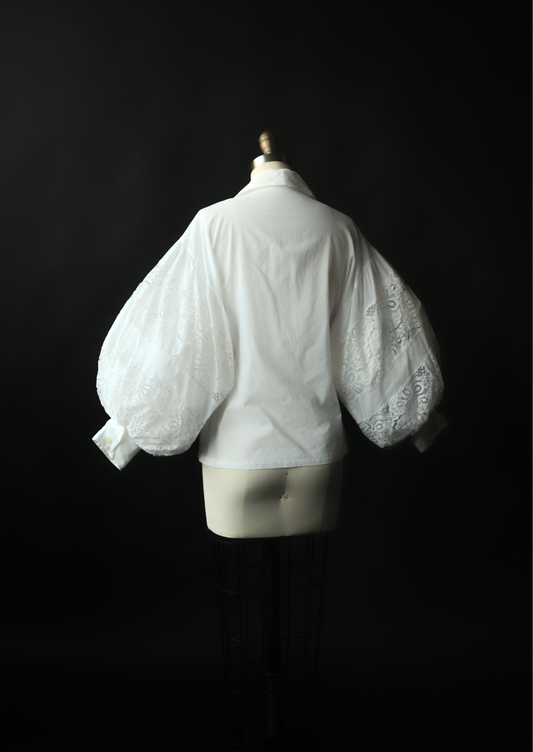 1960s lanvin white cotton lace balloon sleeve blouse