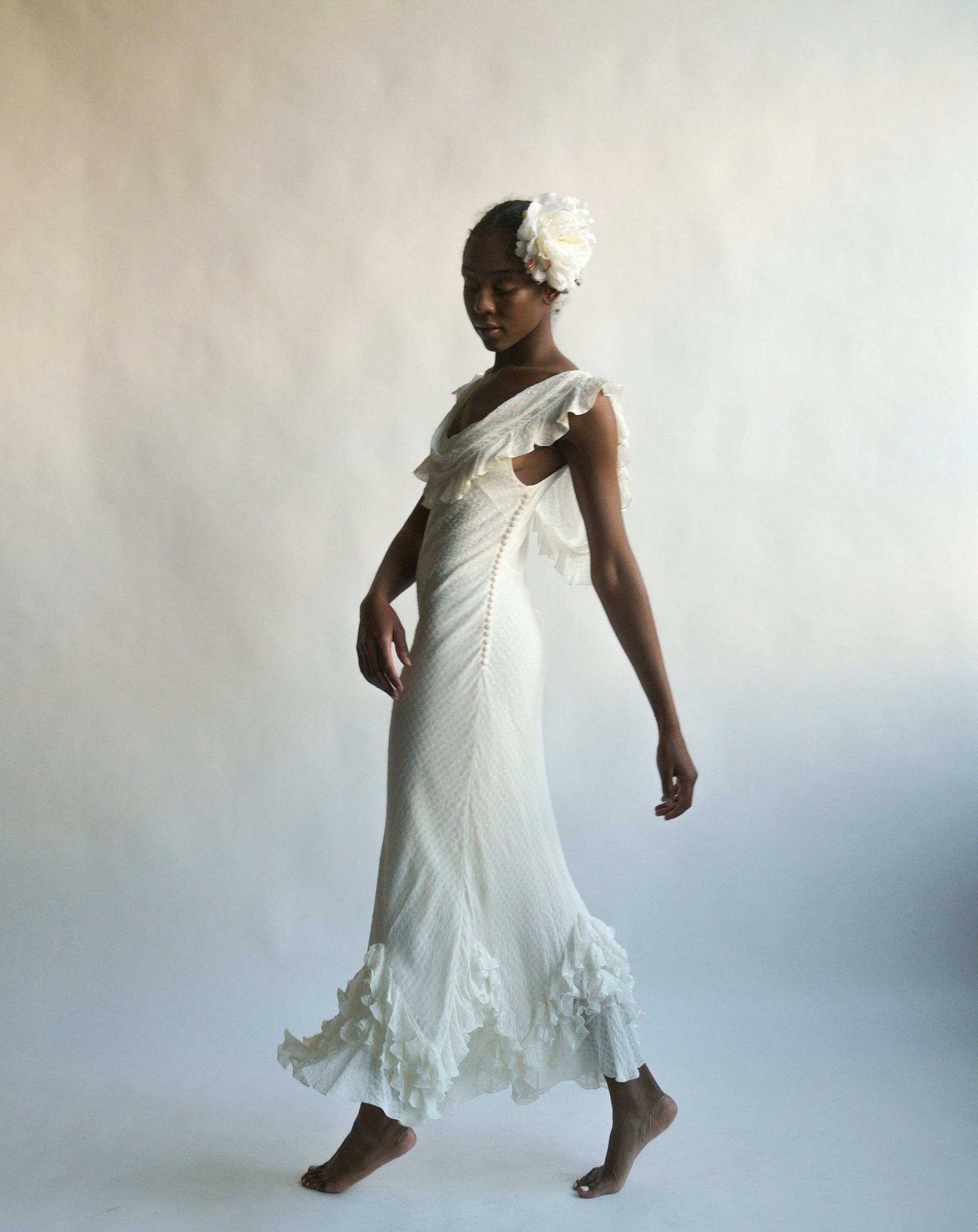 christian dior white ruffle bias dress  persephone vintage