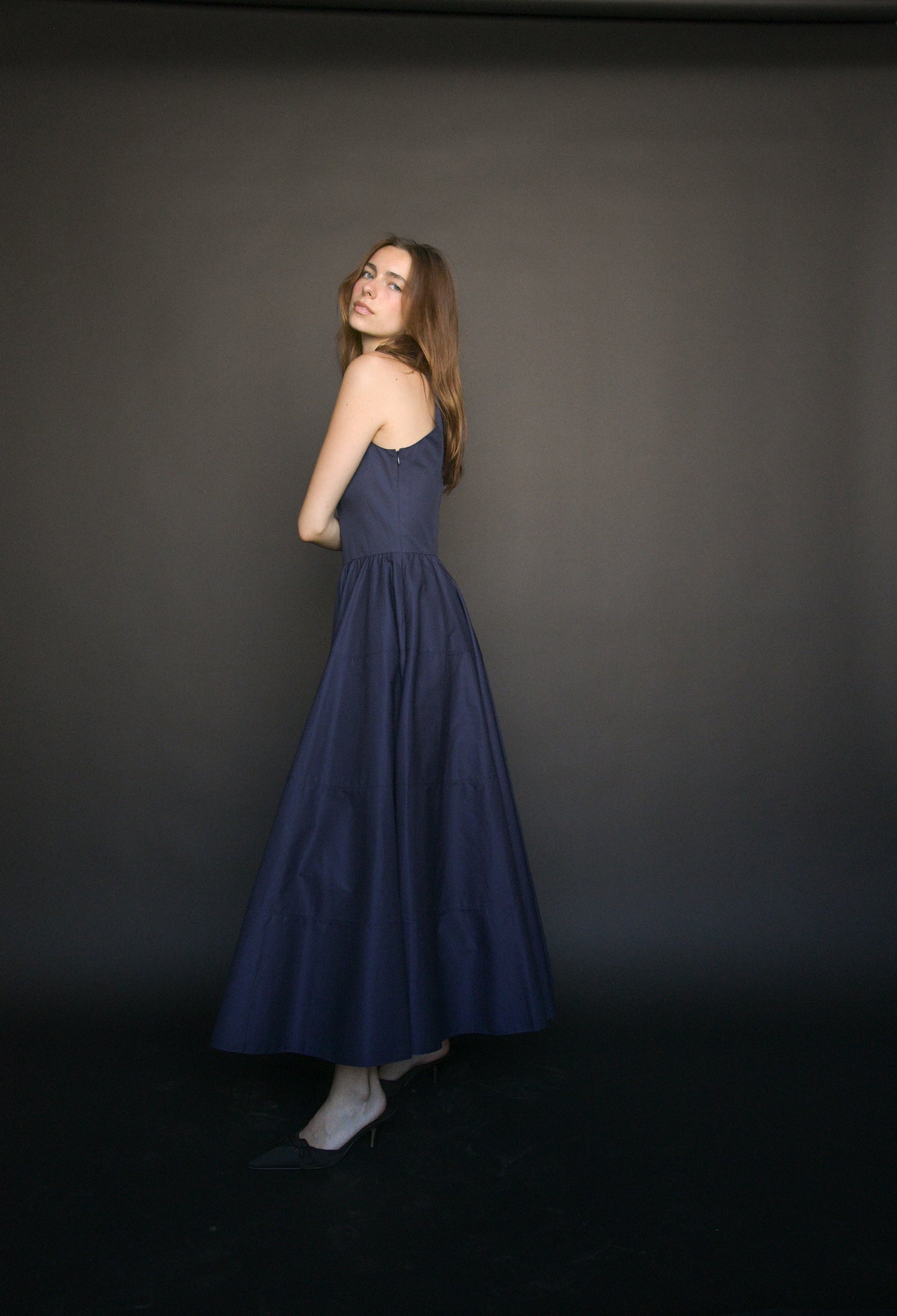alaïa navy blue cotton poplin full skirt dress