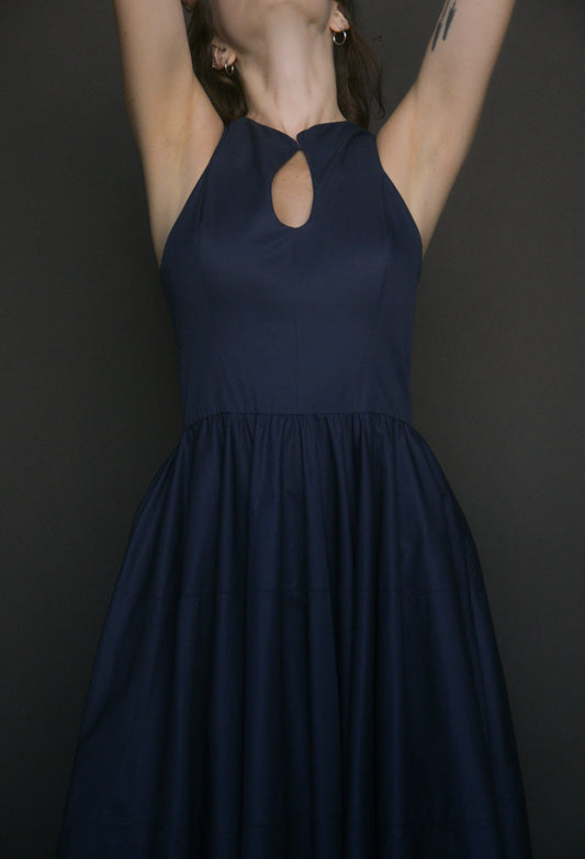 alaïa navy blue cotton poplin full skirt dress