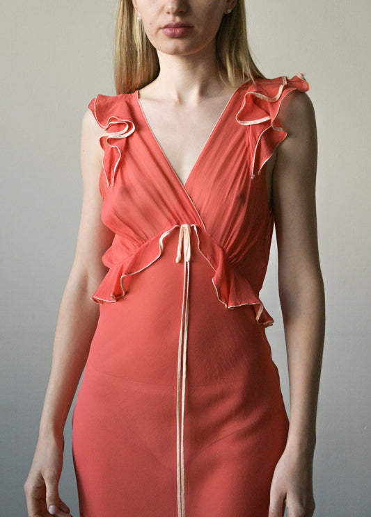 1930s coral silk chiffon ruffle dress