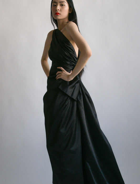 prada black silk taffeta one shoulder gown