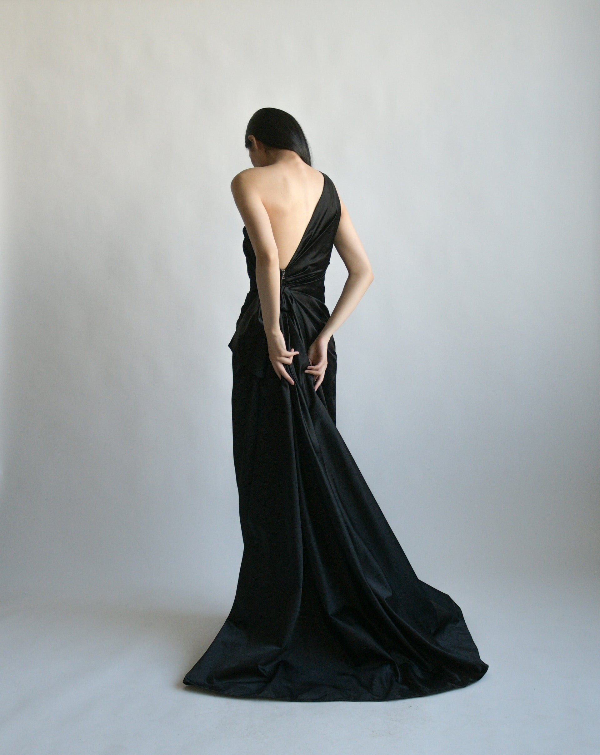 prada black silk taffeta one shoulder gown – persephone vintage