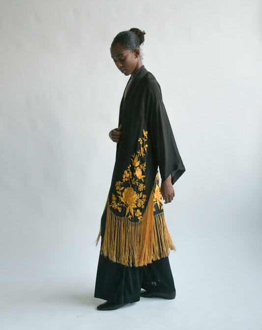 1920s black embroidered fringe kimono