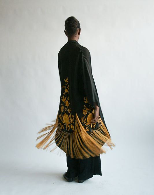 1920s black embroidered fringe kimono