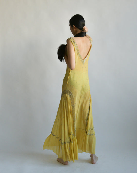 1920s yellow silk rhinestone dress