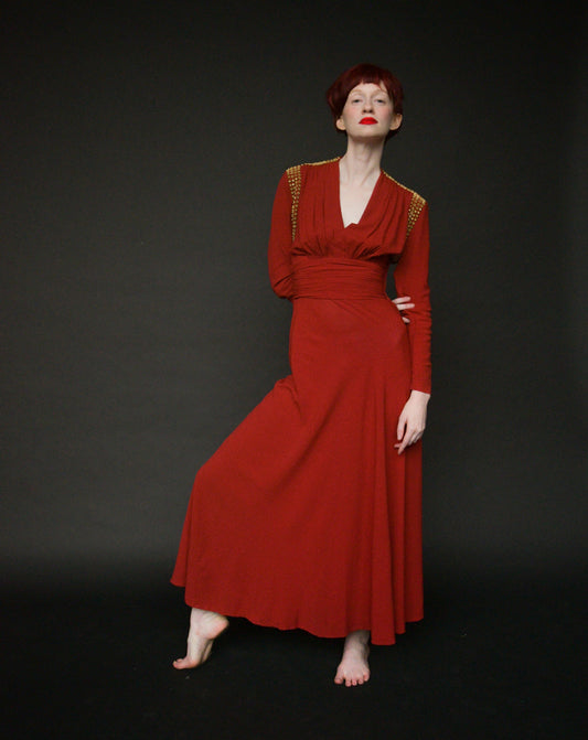 1930s crimson grommetted crepe dress
