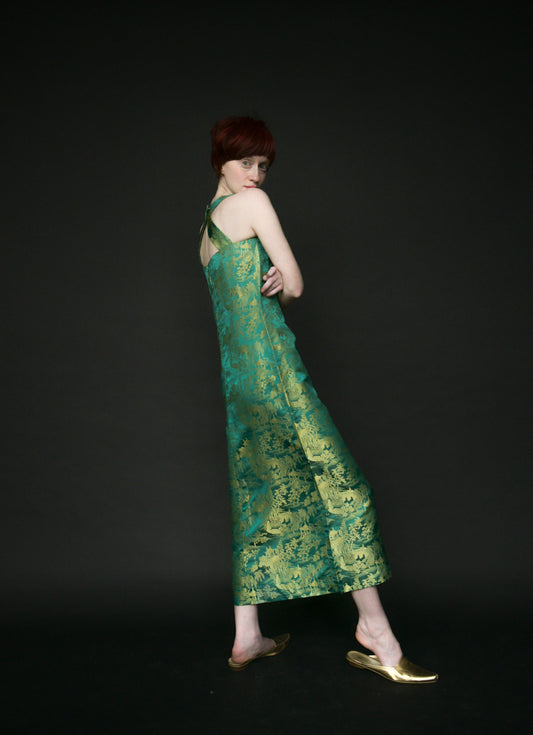 1960s green satin chinoiserie dress