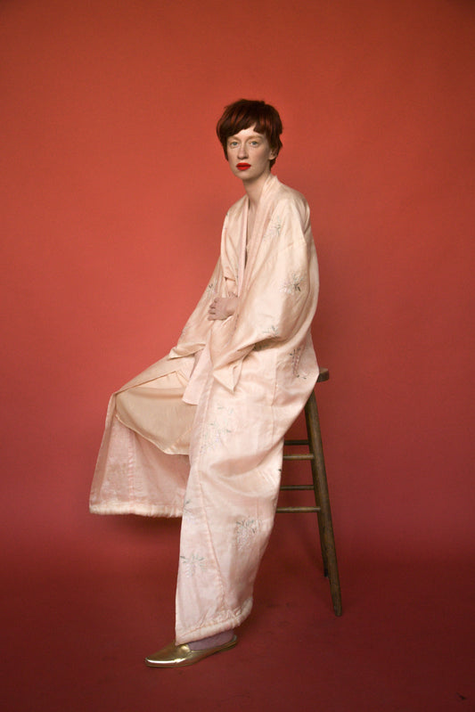antique silk pink hand embroidered kimono