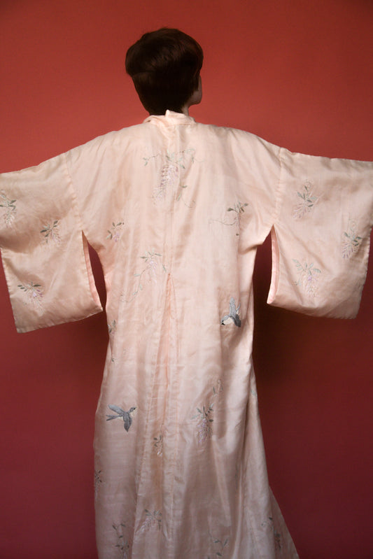 antique silk pink hand embroidered kimono