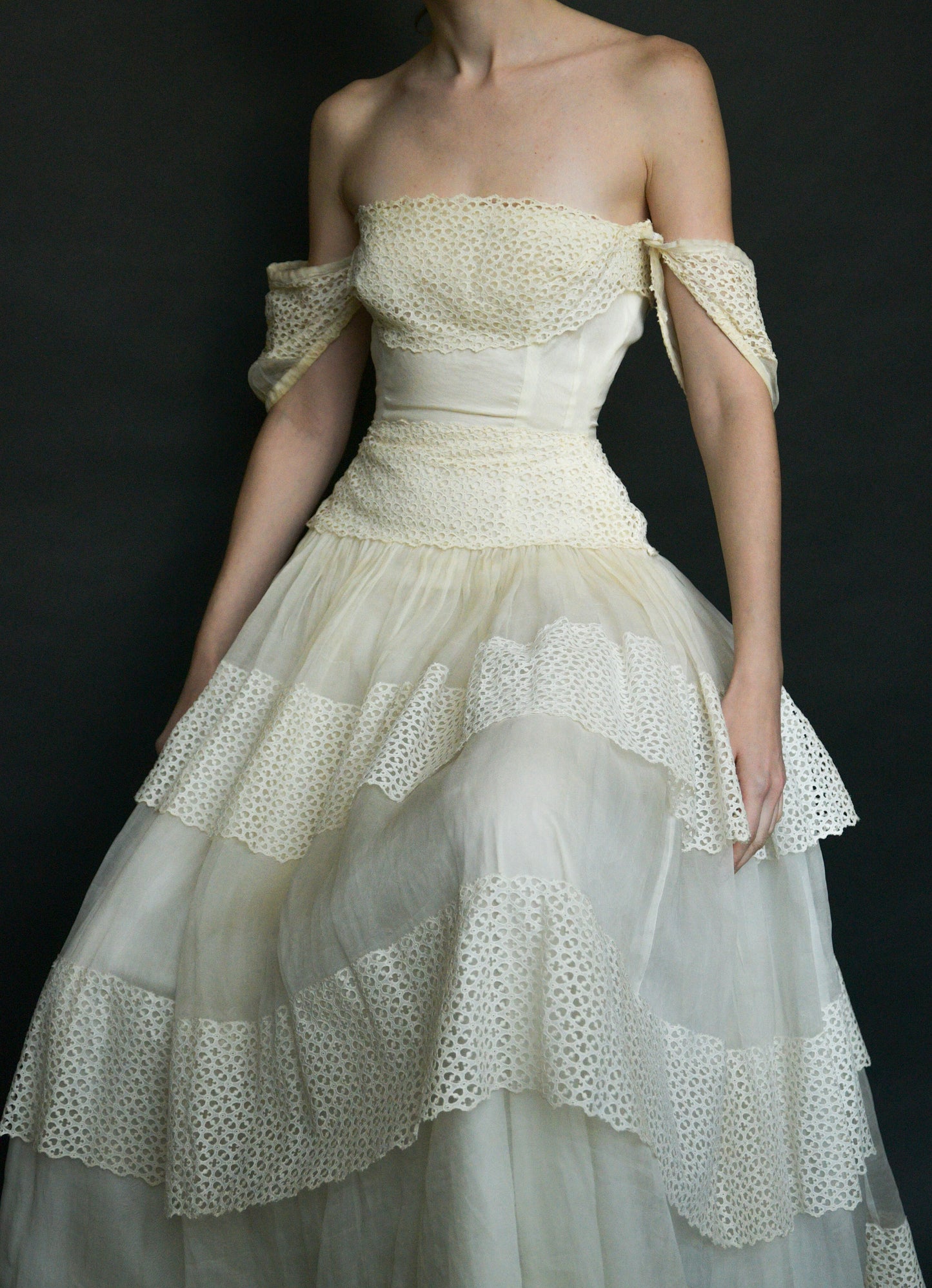 1940s white cutwork lace organdy gown