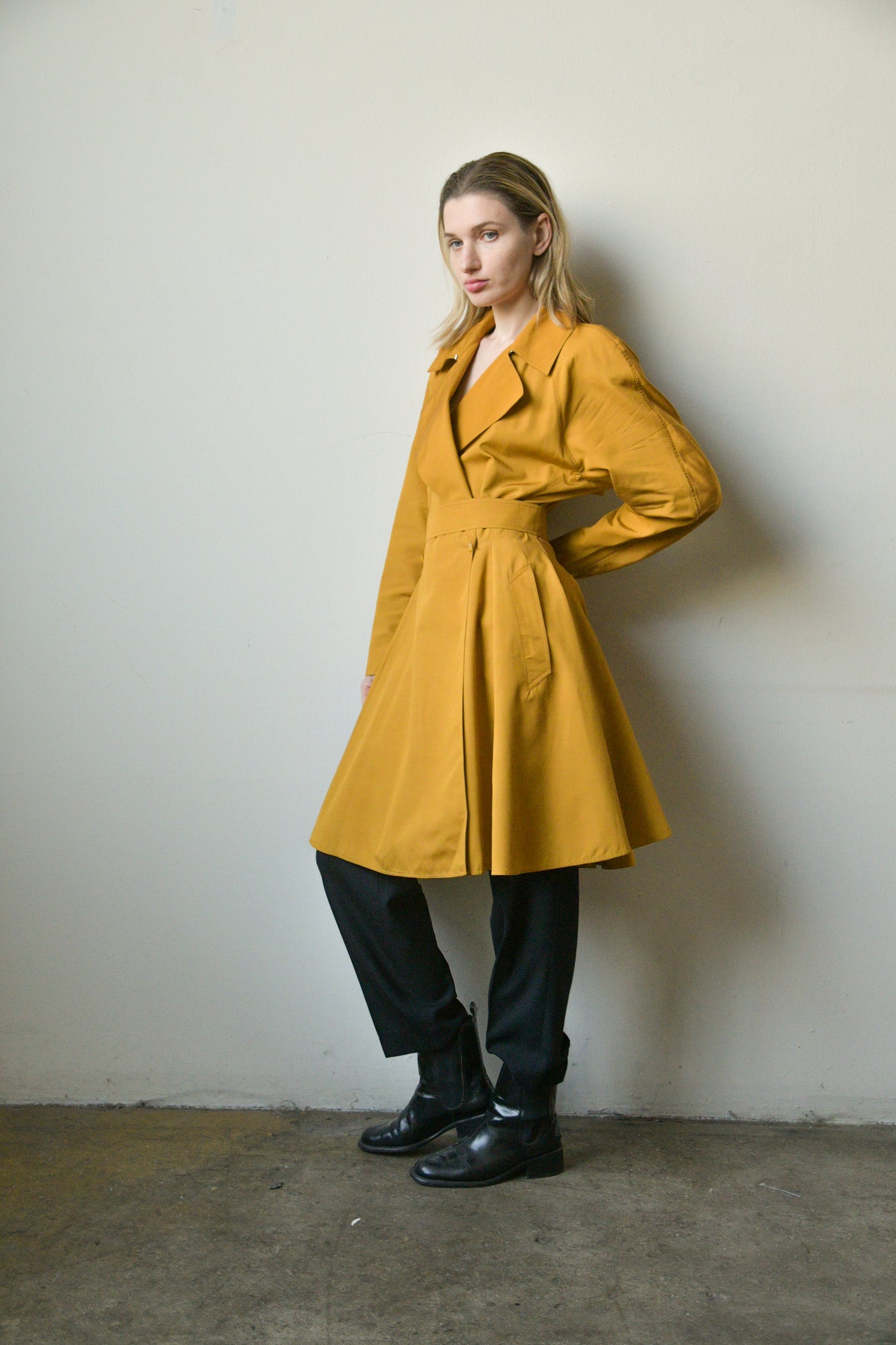 alaia mustard cotton flared trench coat