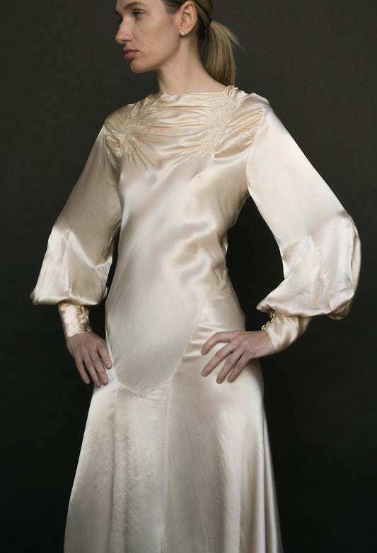 1930s silk satin full sleeve bias cut dress
