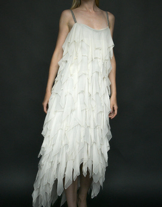 1970s stavropoulos white silk chiffon layered rhinestone dress