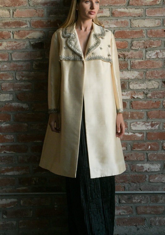 1960s silk shantung deco bead and rhinestone opera coat