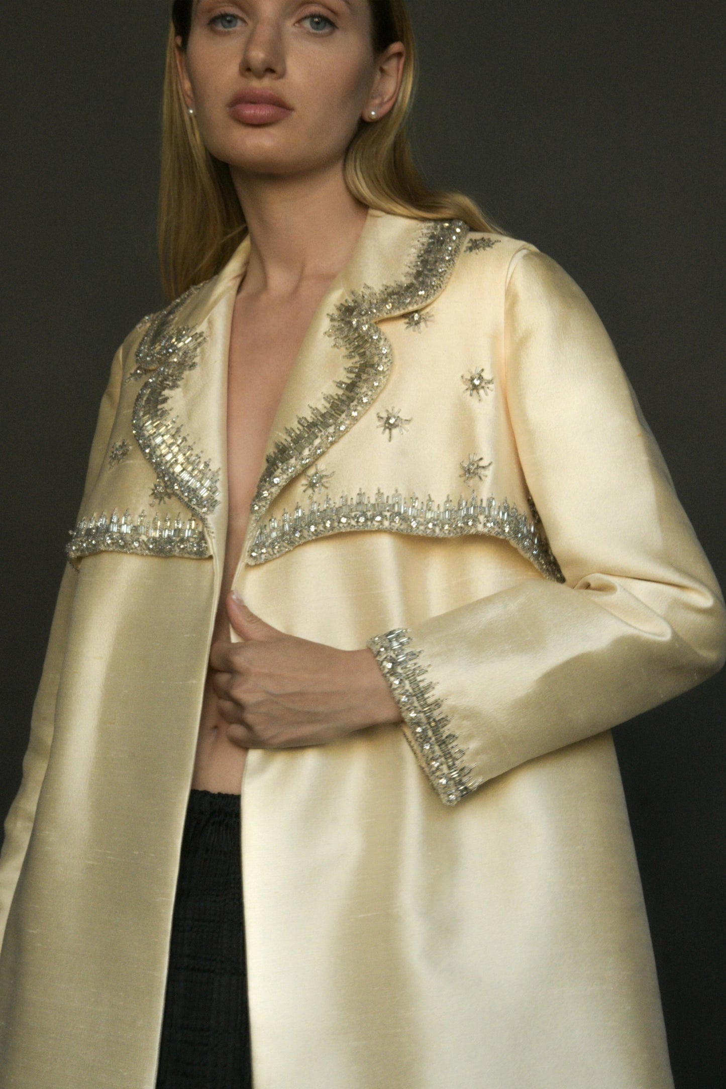 1960s silk shantung deco bead and rhinestone opera coat