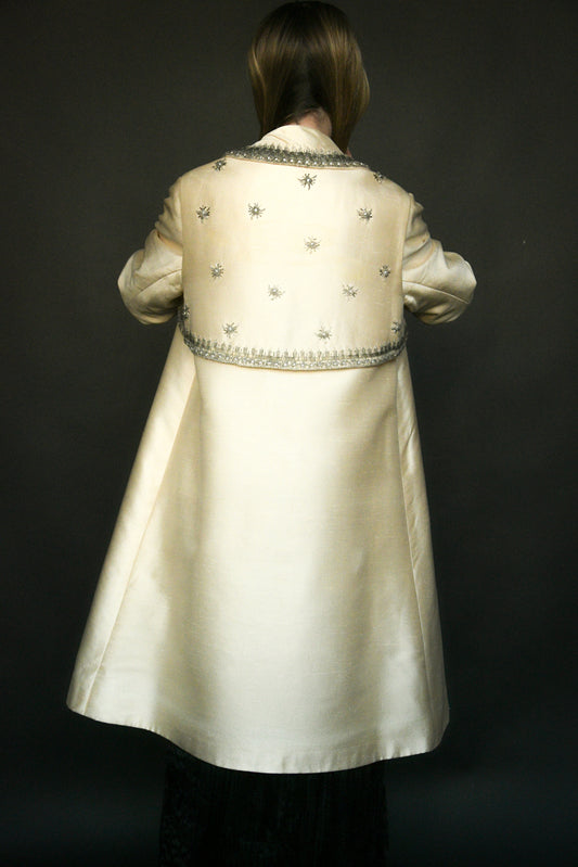 1960s silk shantung deco bead and rhinestone opera coat