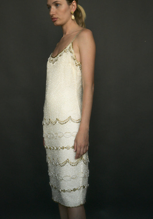 white silk beaded deco pearl drop dress