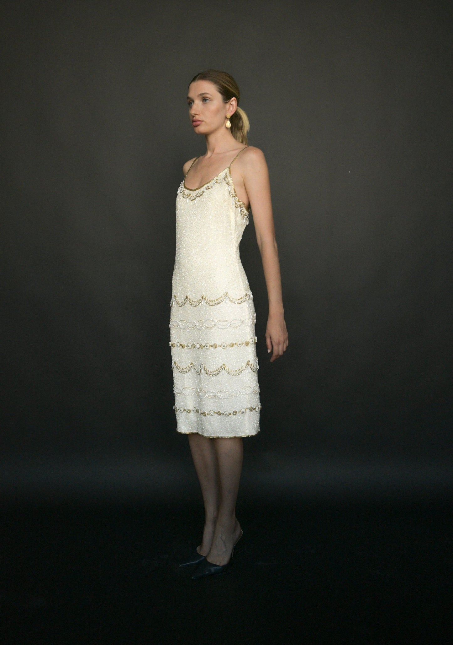 white silk beaded deco pearl drop dress