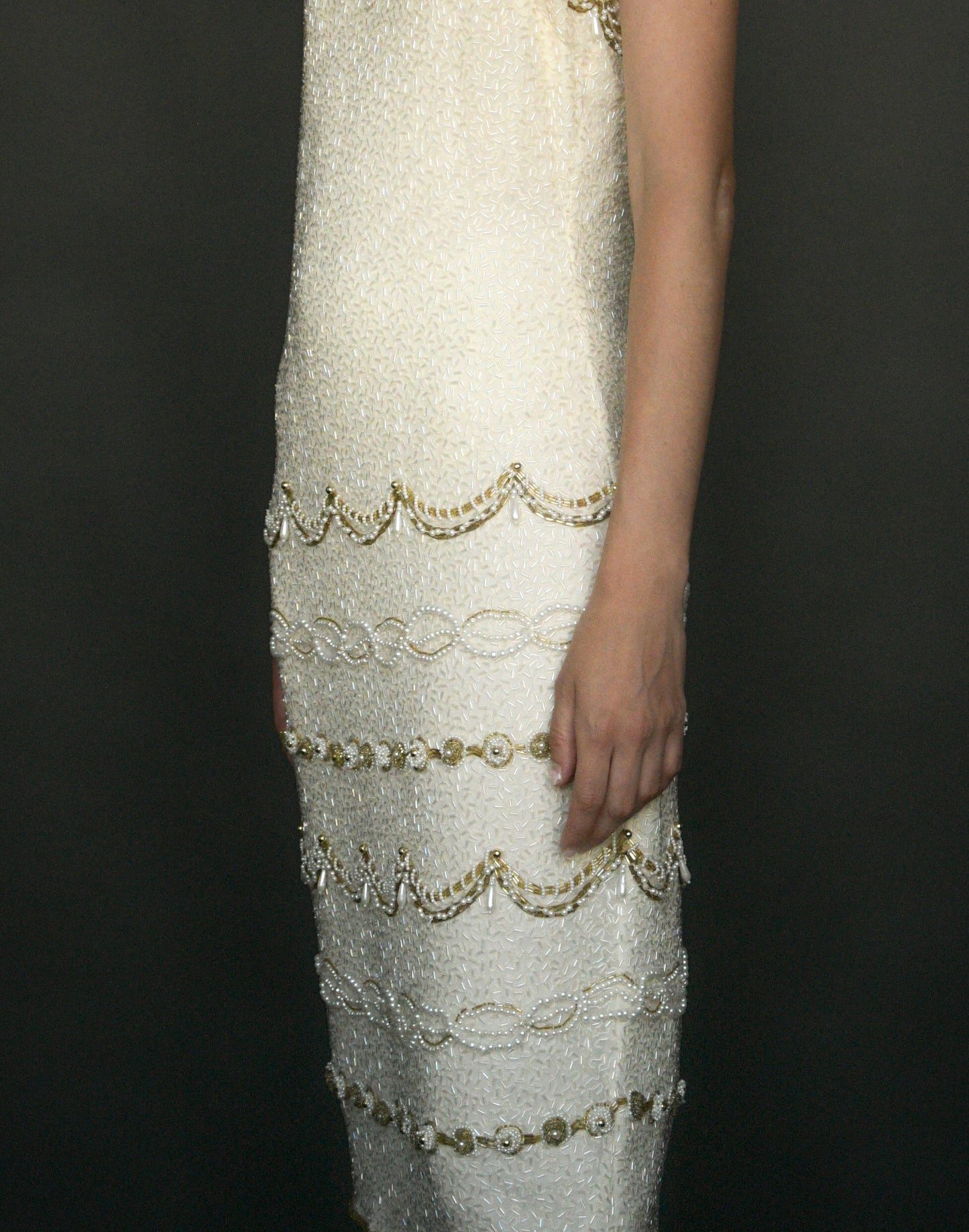 white silk beaded deco pearl drop dress