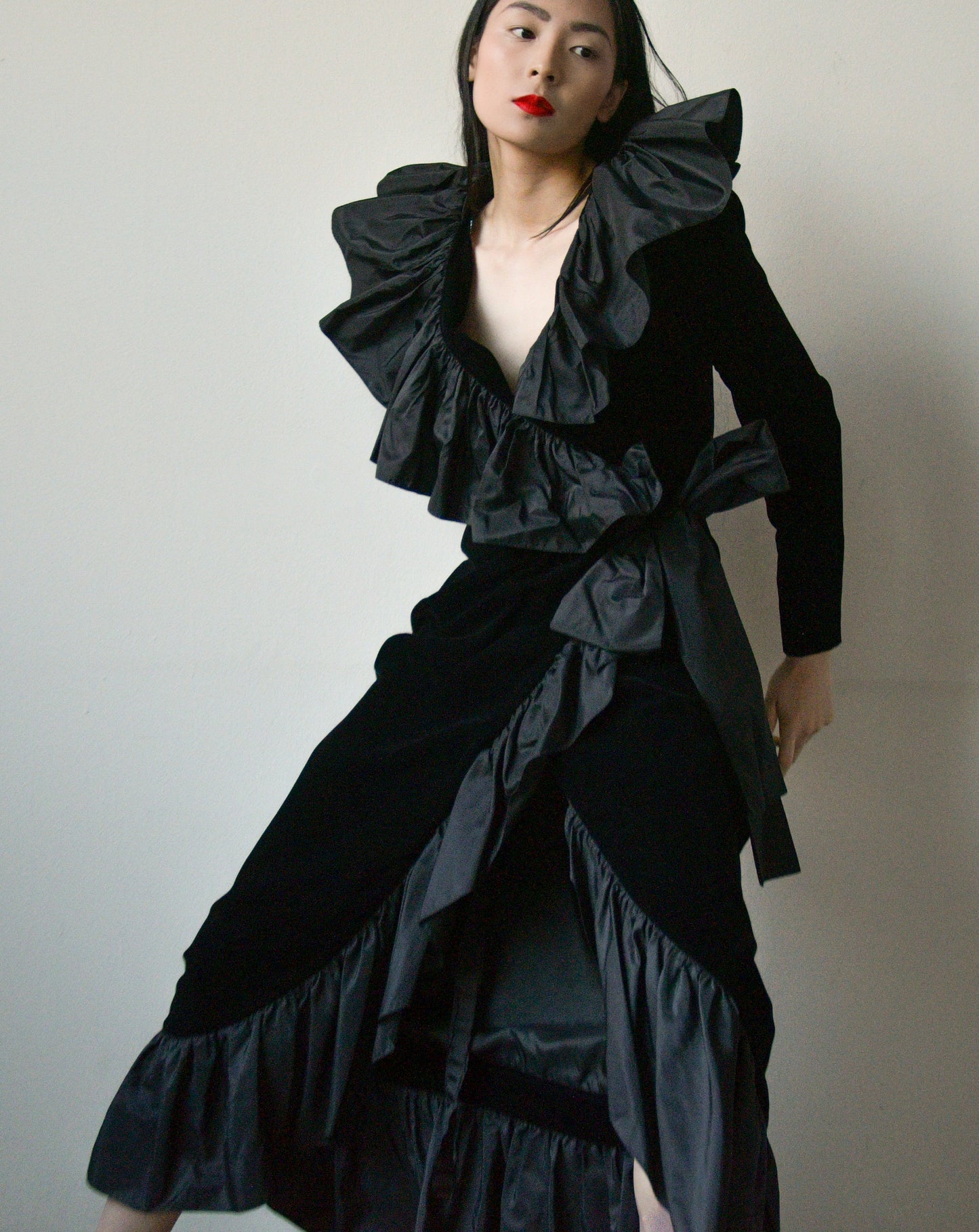 yves saint laurent rive gauche 1984/85 black silk velvet ruffle wrap dress