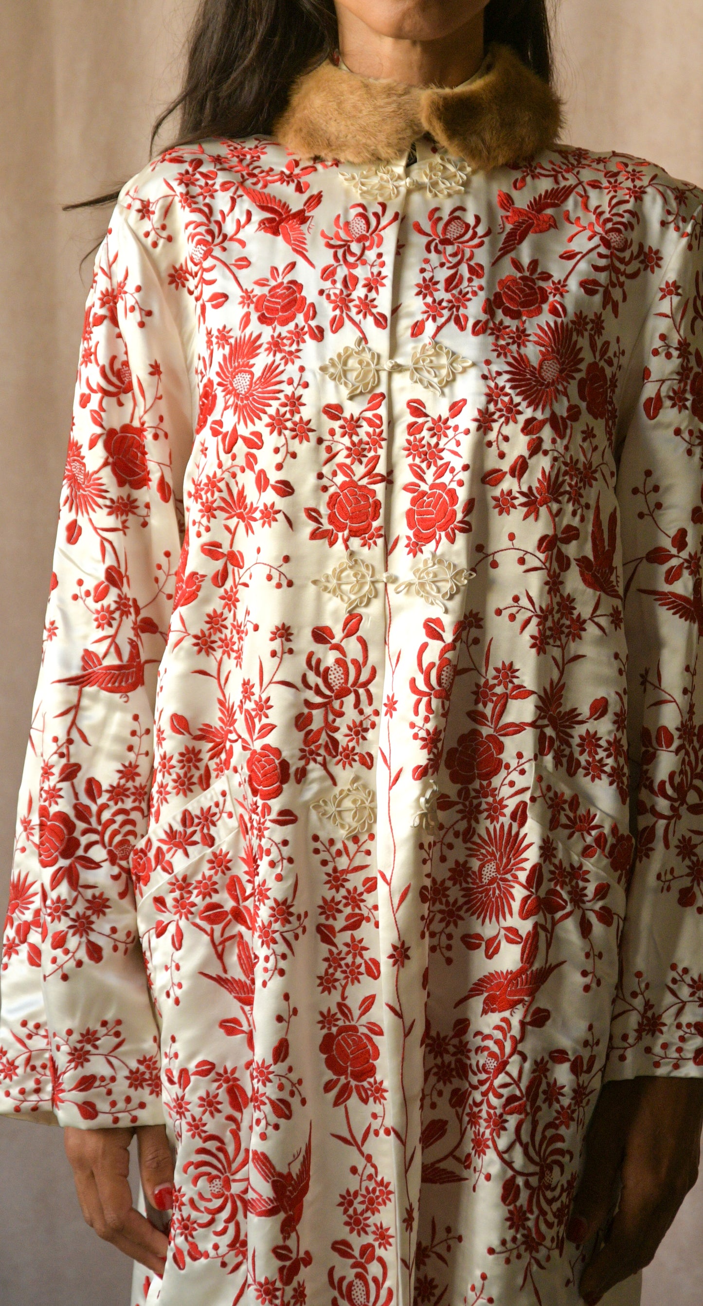 antique floral and bird embroidered silk chinoiserie coat