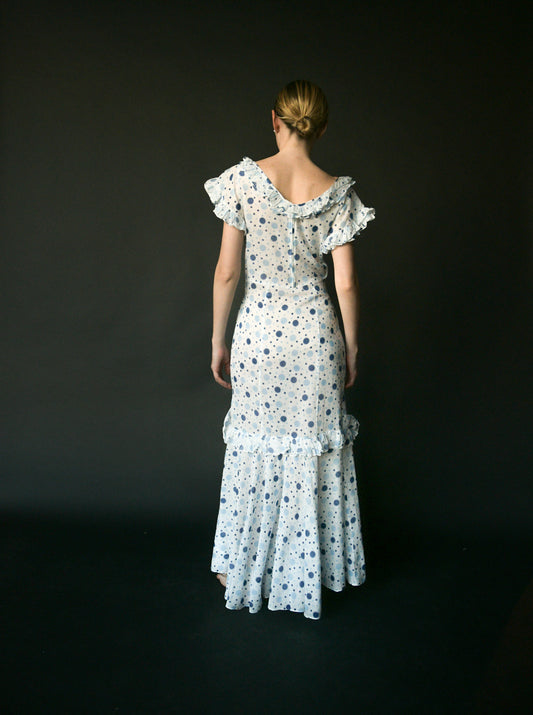 1930s white cotton polka dot mermaid dress