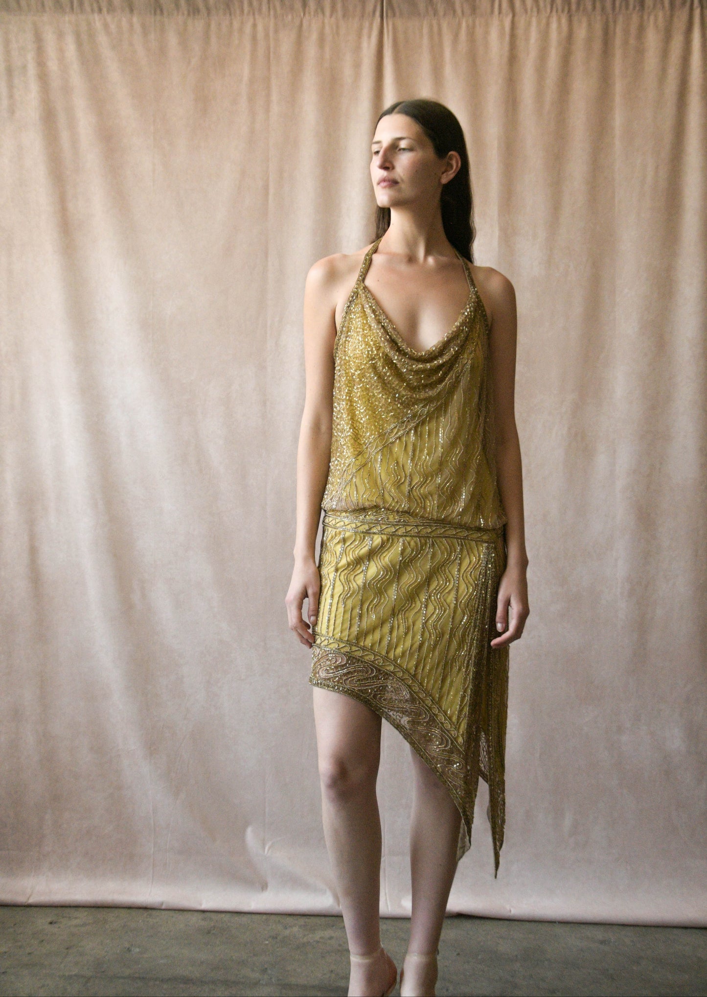 bob mackie spring 1992 gold beaded halter dress