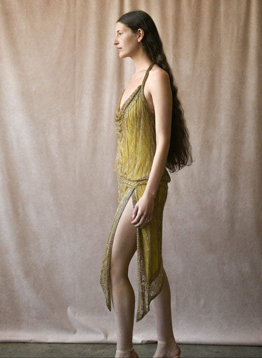 bob mackie spring 1992 gold beaded halter dress