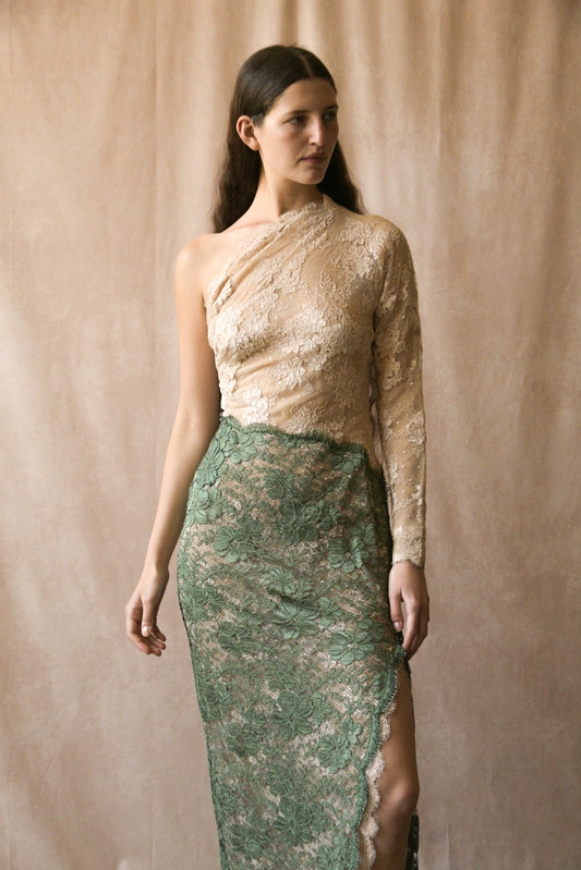 ON HOLD geoffrey beene 1970s green two tone lace one shoulder dress