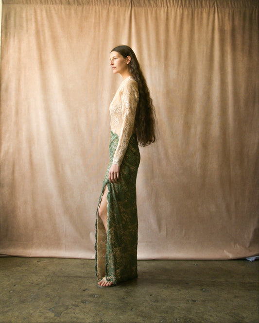 ON HOLD geoffrey beene 1970s green two tone lace one shoulder dress