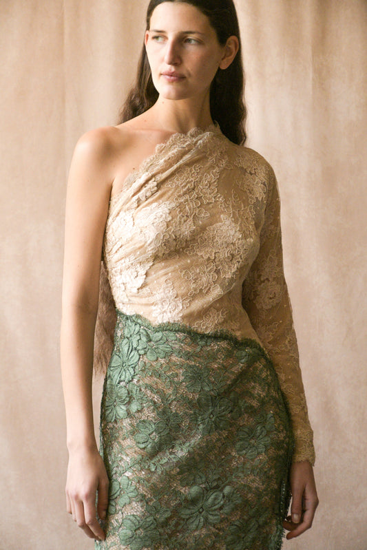 ON HOLD geoffrey beene 1970s green two tone lace one shoulder dress