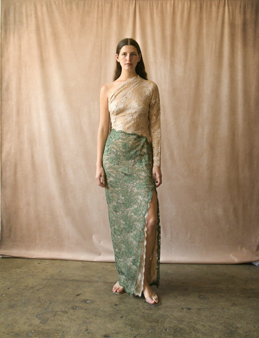 ON HOLD geoffrey beene 1970s green two tone lace one shoulder dress
