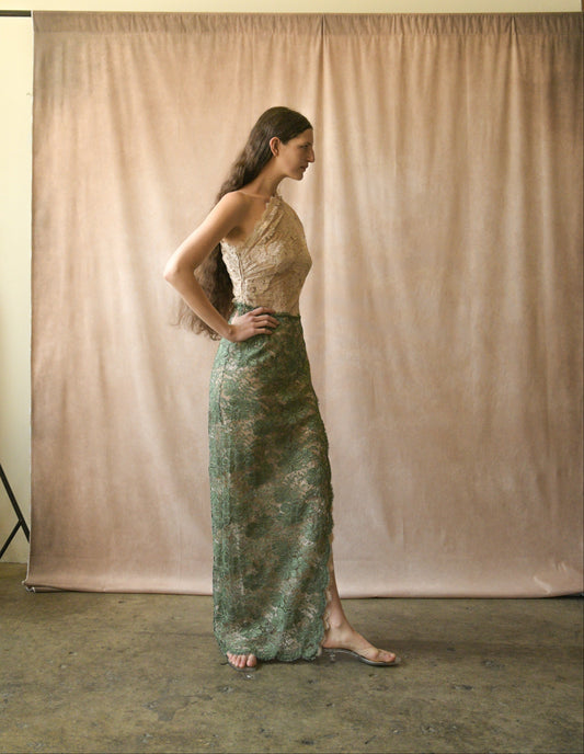 ON HOLD geoffrey beene 1970s green two tone lace one shoulder dress