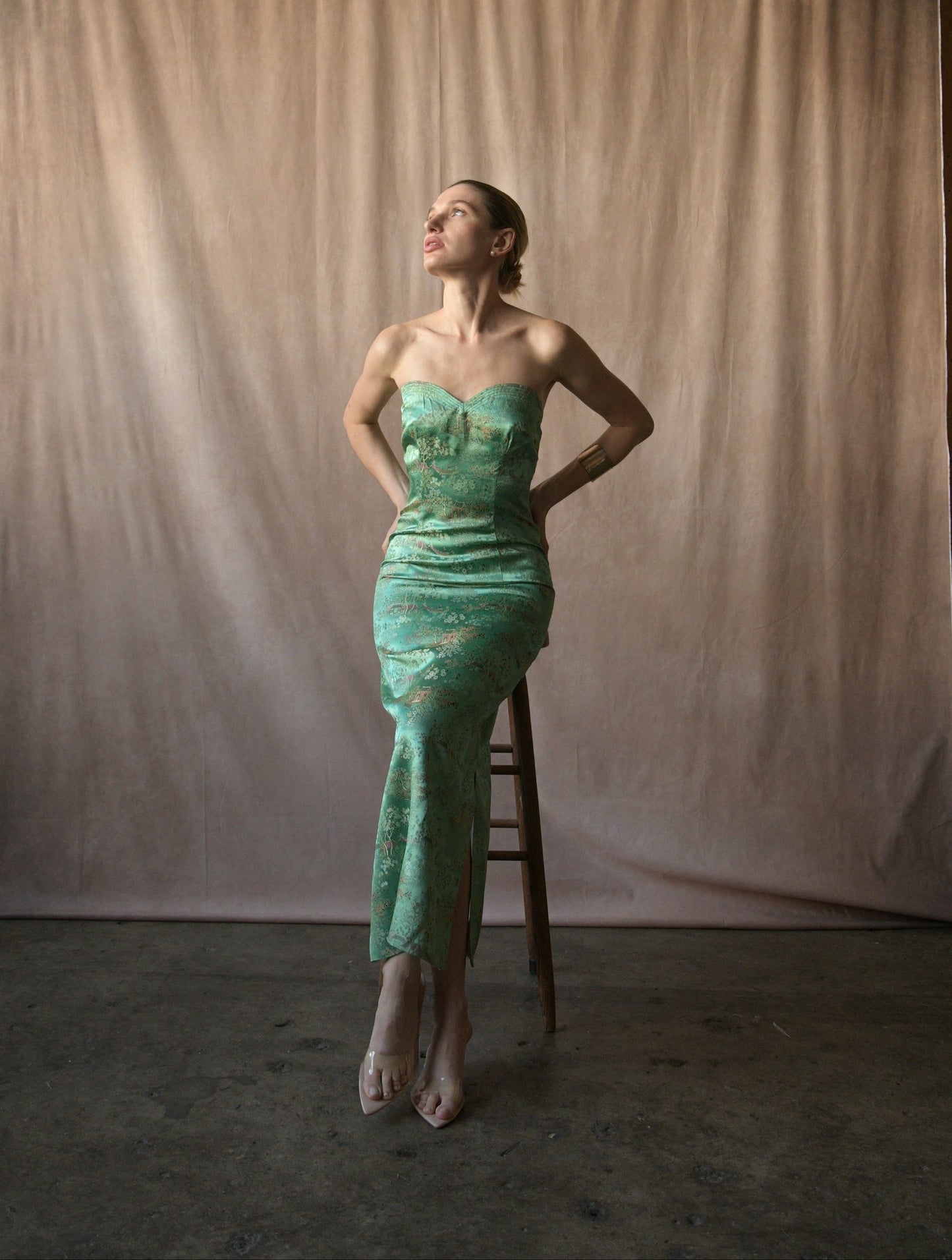 green silk embroidered chinoiserie dress and jacket
