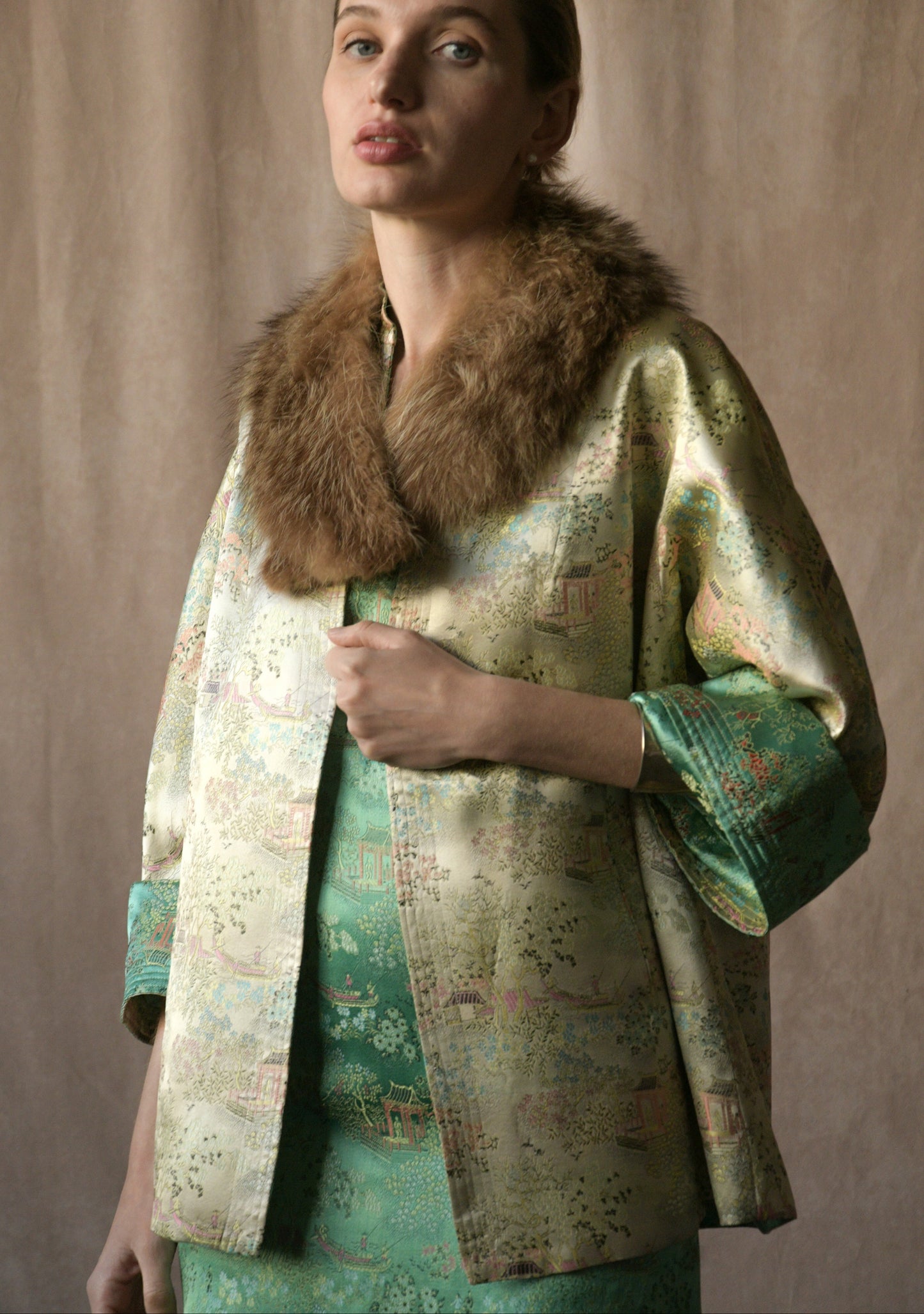 green silk embroidered chinoiserie dress and jacket