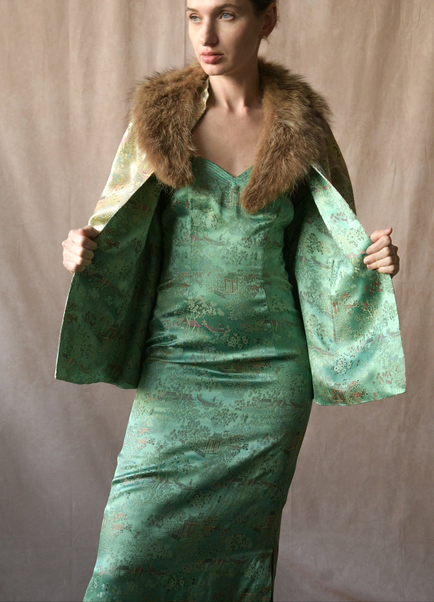 green silk embroidered chinoiserie dress and jacket